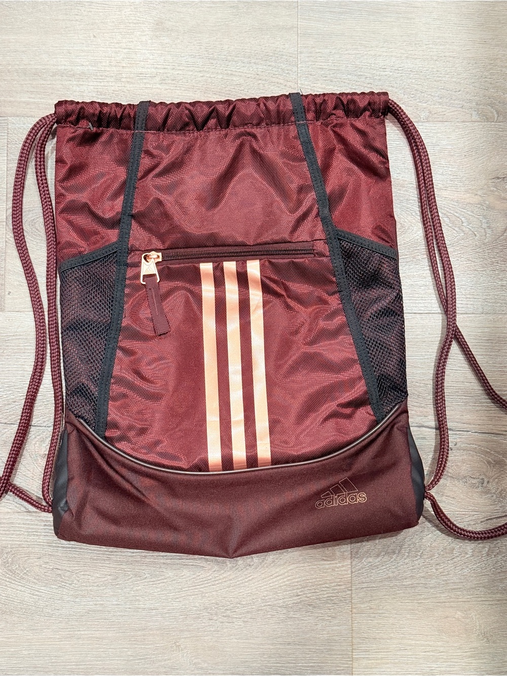adidas Maroon Drawstring Backpack with Rose Gold Stripes